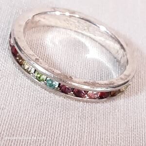 Tiny Multicolor Stone Ring On Silver Tone Band Size 5.75